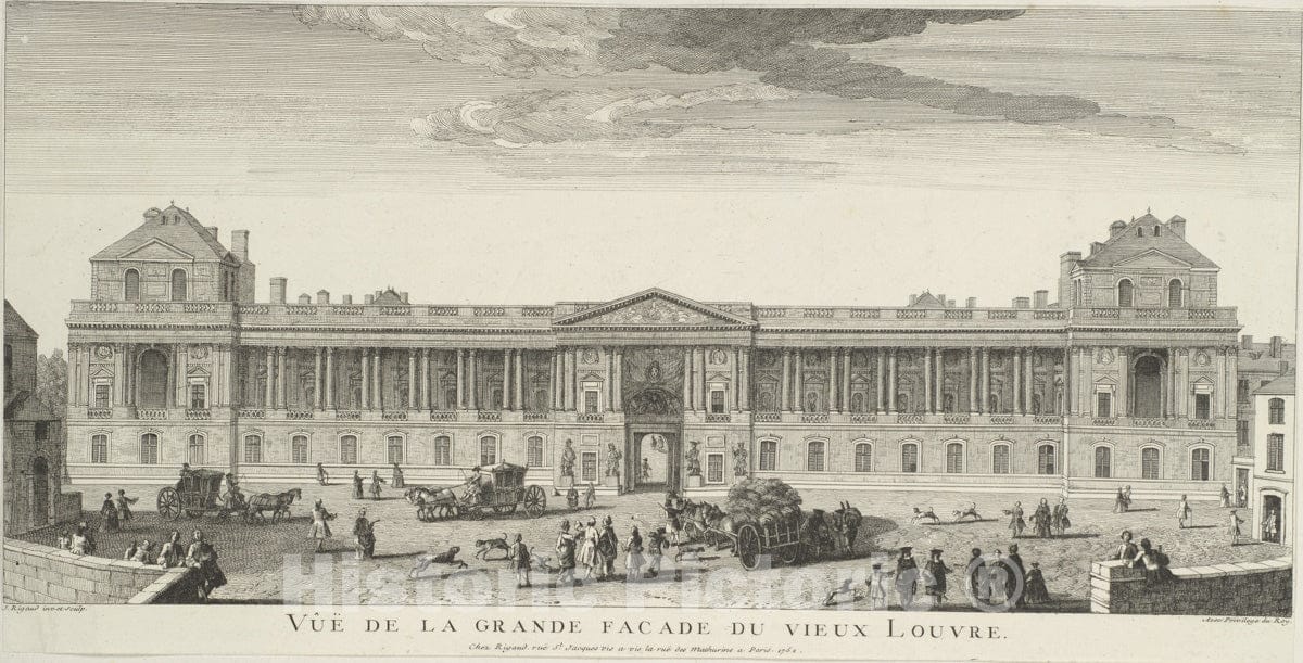 Art Print : Jacques Rigaud - Vue de la Grande Façade du Vieux Louvre : Vintage Wall Art