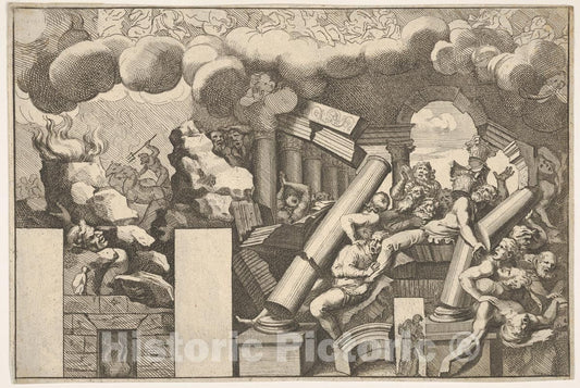 Art Print : Giants Crushed by Rocks and The Falling Columns of The Temple - Artist: Pietro Santi Bartoli - Created: c1680 : Vintage Wall Art