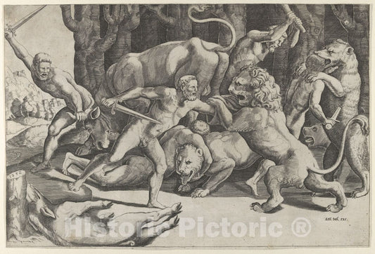 Art Print : Master of The Die - Five Men Fighting Beasts, at Lower Left is a Fallen Boar 1 : Vintage Wall Art