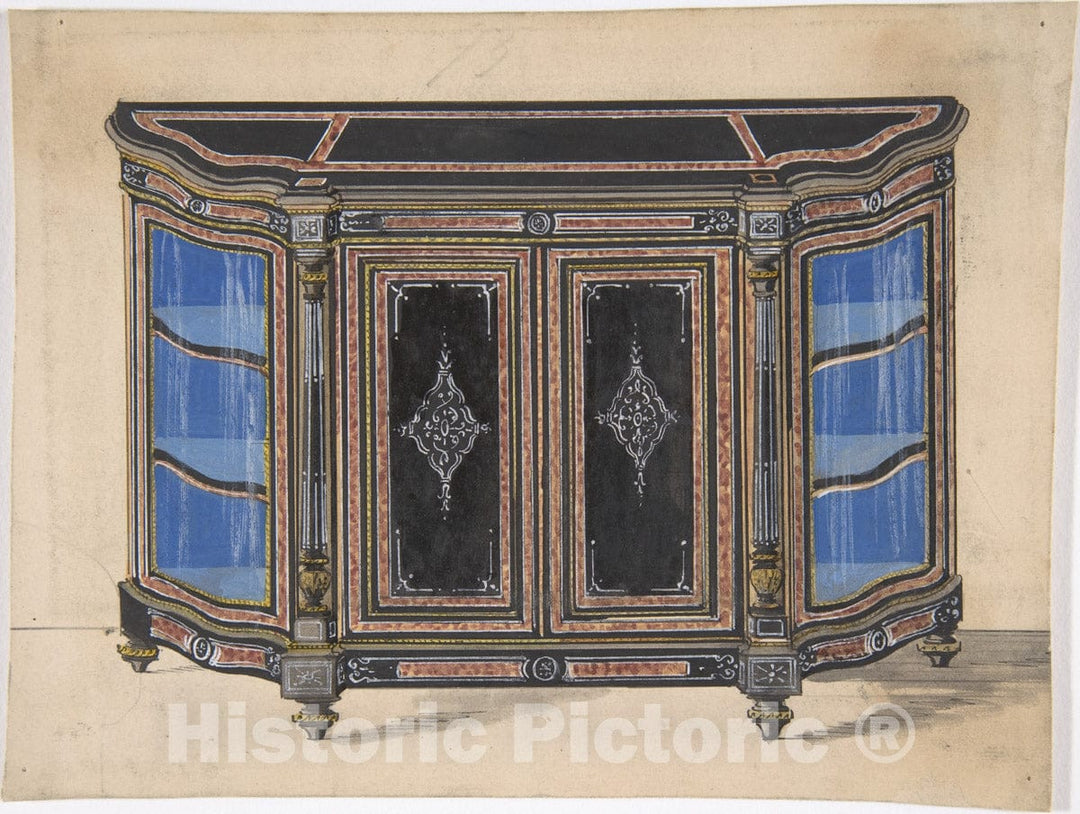 Art Print : British, 19th Century - Design for a Cabinet with a Black Top and Blue Interior : Vintage Wall Art