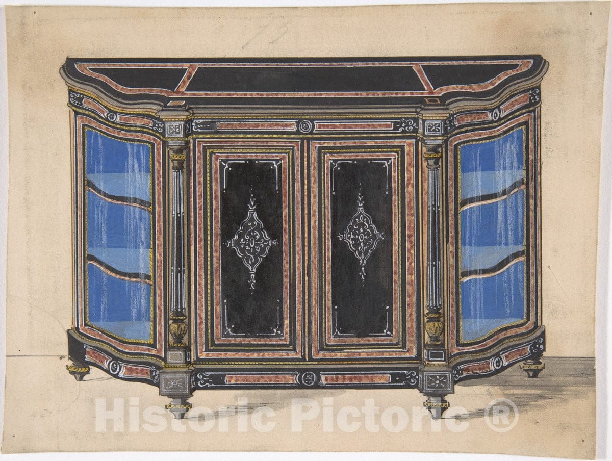 Art Print : British, 19th Century - Design for a Cabinet with a Black Top and Blue Interior : Vintage Wall Art