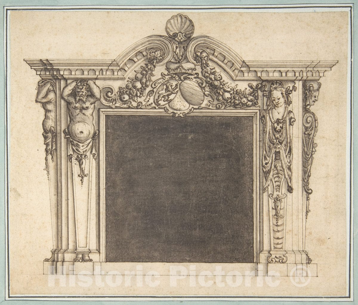 Art Print : German, 19th Century - Design for a Mantelpiece with The Arms of Bavaria(?) : Vintage Wall Art