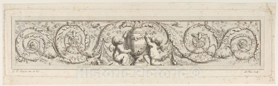 Art Print : Etched by Le Roy - Design for a Frieze with Acanthus Scrolls and a Vase with Two Putti in The Center : Vintage Wall Art