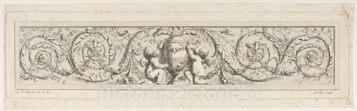 Art Print : Etched by Le Roy - Design for a Frieze with Acanthus Scrolls and a Vase with Two Putti in The Center : Vintage Wall Art