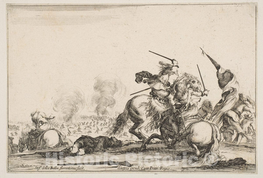 Art Print : A Skirmish, Two Horsemen battling with Swords to The Right - Artist: Stefano Della Bella - Created: c1645 v.2 : Vintage Wall Art