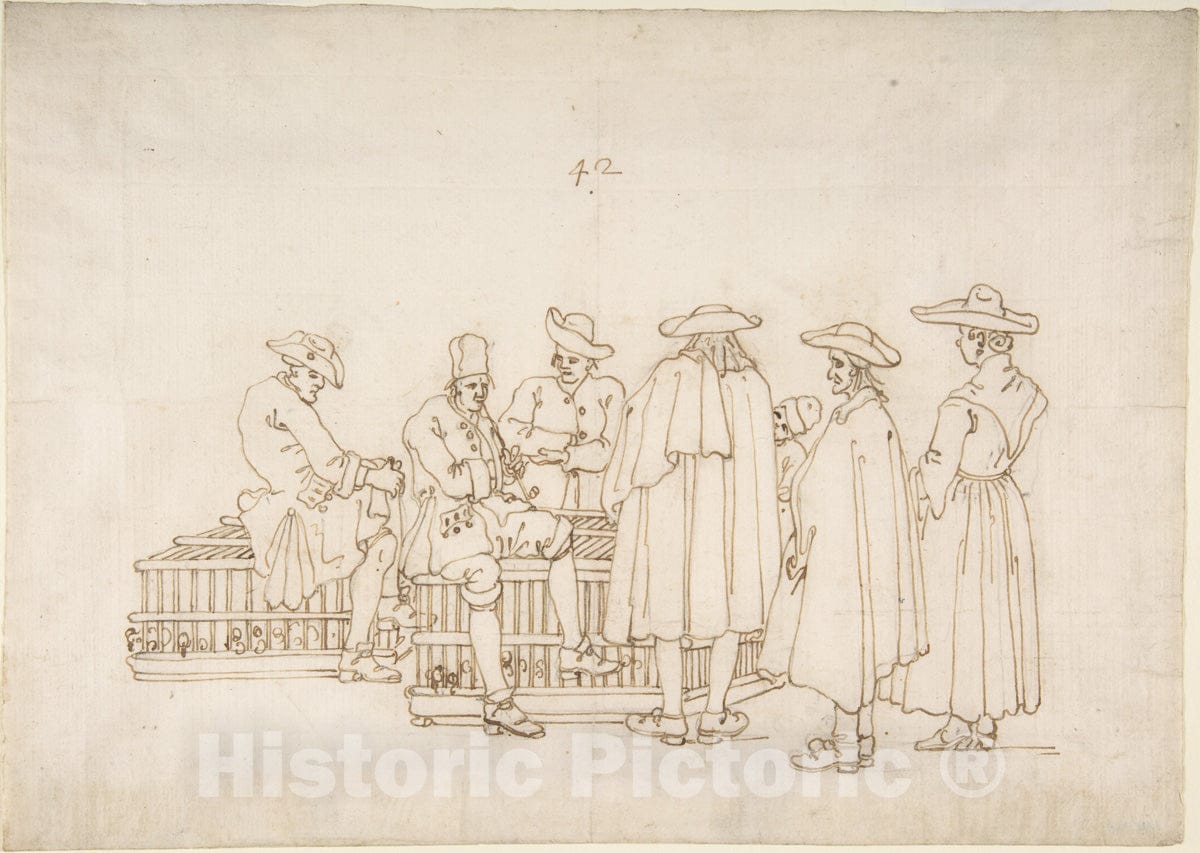 Art Print : Bernardo Bellotto - A Group of Figures Surrounding Two Bird-coops : Vintage Wall Art