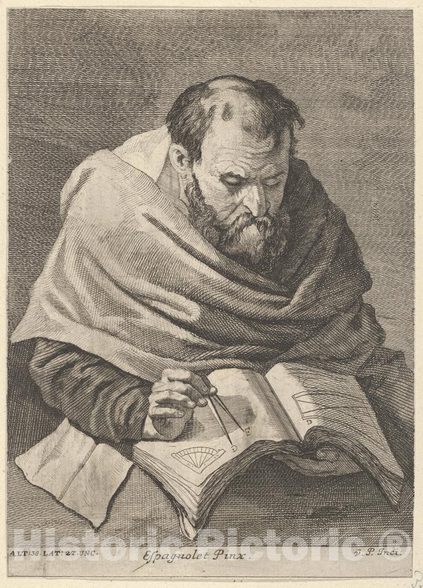 Art Print : A Mathematician Seated at a Table - Artist: Jusepe de Ribera (Called Lo Spagnoletto) - Created: 1728 : Vintage Wall Art