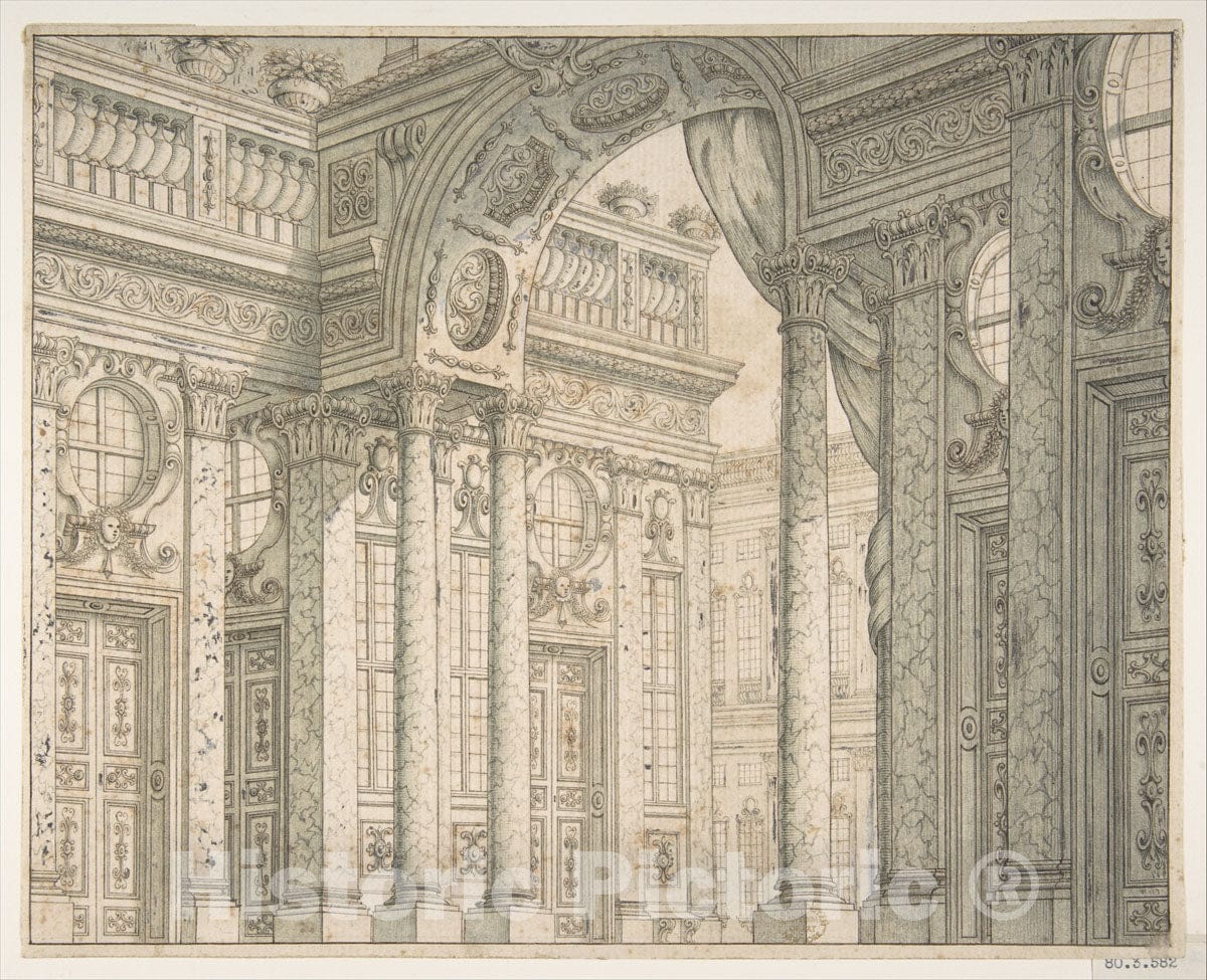 Art Print : Ferdinando Galli Bibiena - Design of a Perspective for a Stage Set with Courtyard and Triumphal Arch. : Vintage Wall Art