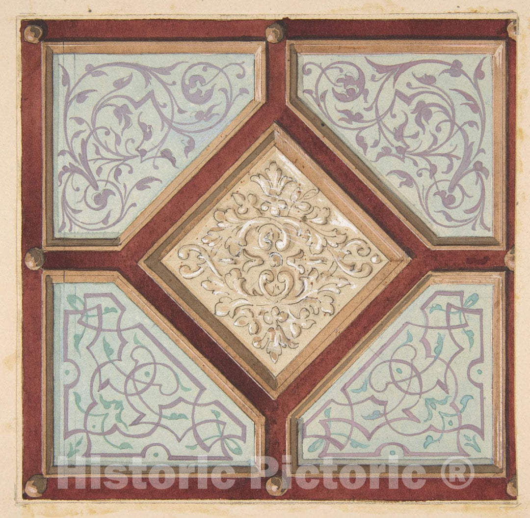 Art Print : Jules-Edmond-Charles Lachaise - Design for a coffered Ceiling with Alternative Decorative Patterns : Vintage Wall Art