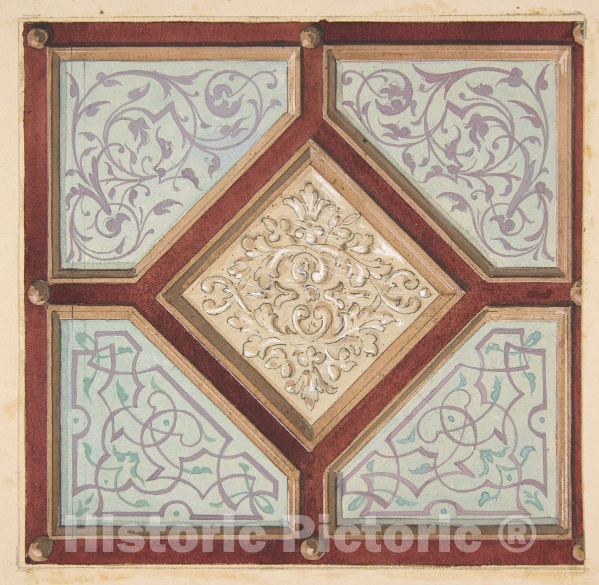Art Print : Jules-Edmond-Charles Lachaise - Design for a coffered Ceiling with Alternative Decorative Patterns : Vintage Wall Art