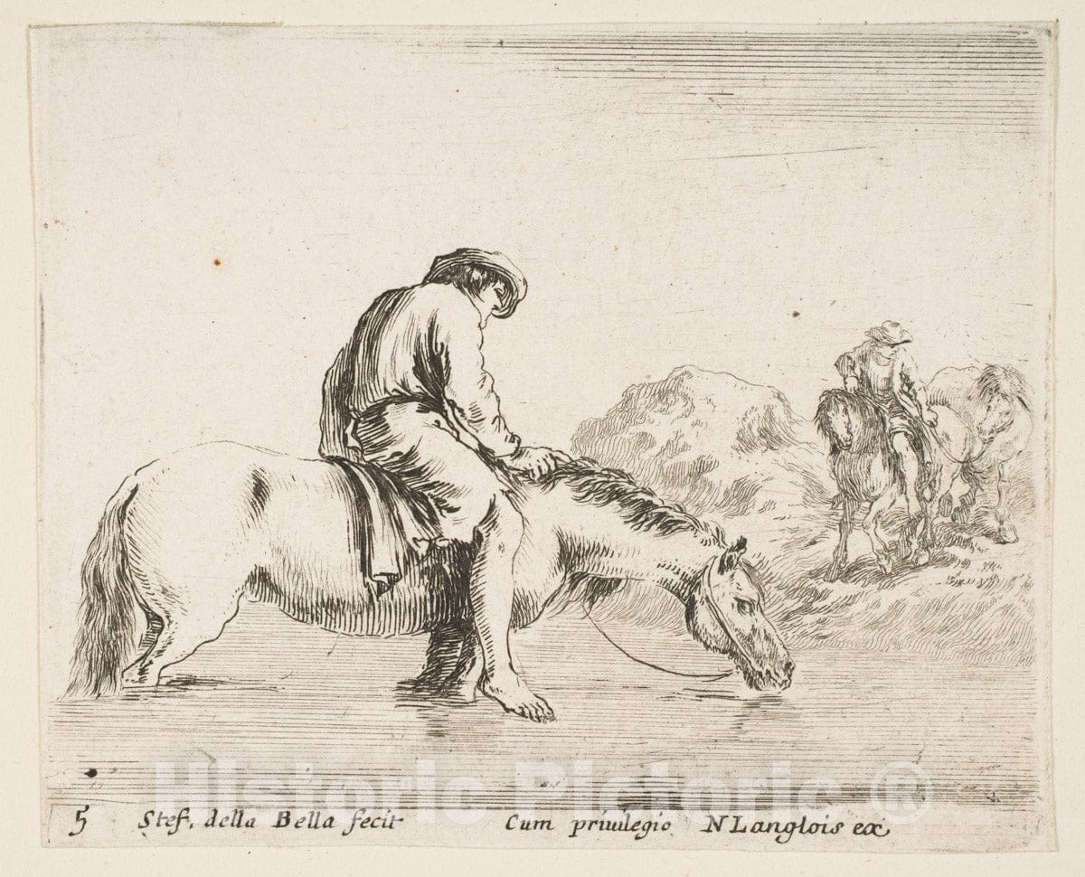 Art Print : Plate 5: a Barefoot Peasant on Horseback Crossing a River - Artist: Stefano Della Bella - Created: c1644 1 : Vintage Wall Art