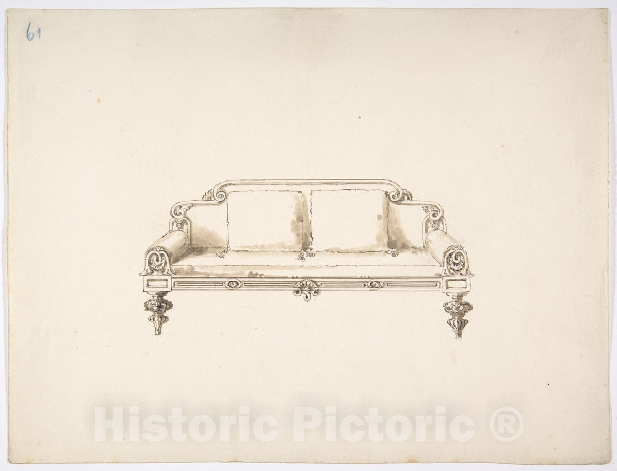 Art Print : British, 19th Century - Design for a Sofa with Two Loose Cushions : Vintage Wall Art