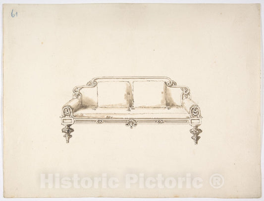 Art Print : British, 19th Century - Design for a Sofa with Two Loose Cushions : Vintage Wall Art