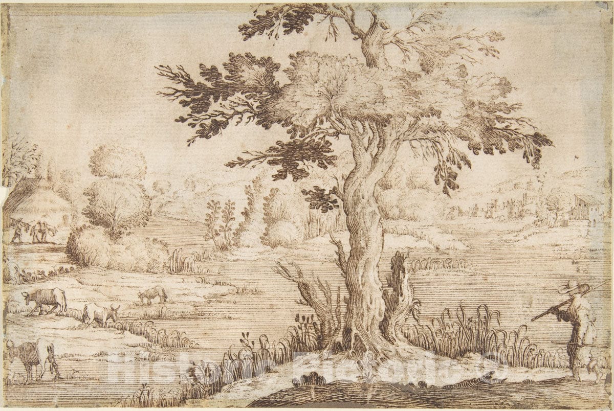Art Print : in The Manner of Jacques Callot - Shepherd in a Landscape : Vintage Wall Art