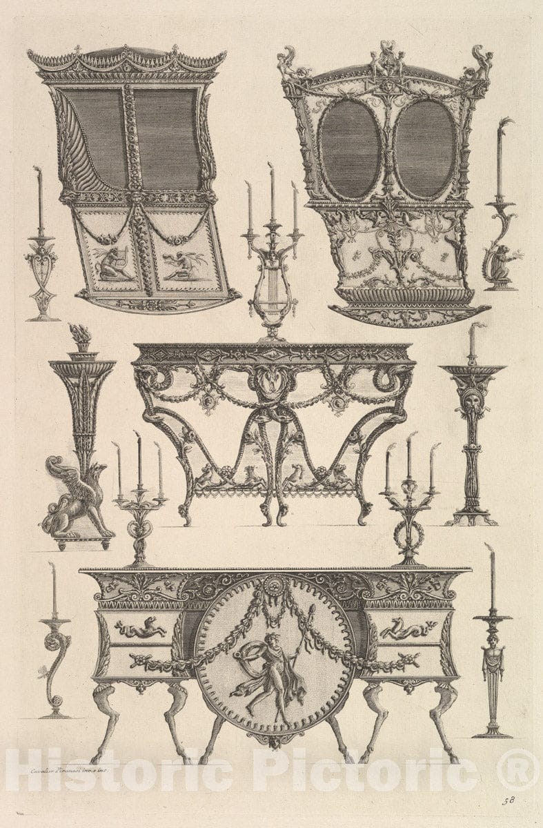 Art Print : Miscellaneous Furniture Including Two Sedan Chairs, a Side Table and a Commode - Artist: Giovanni Battista Piranesi - Created: c1769 : Vintage Wall Art