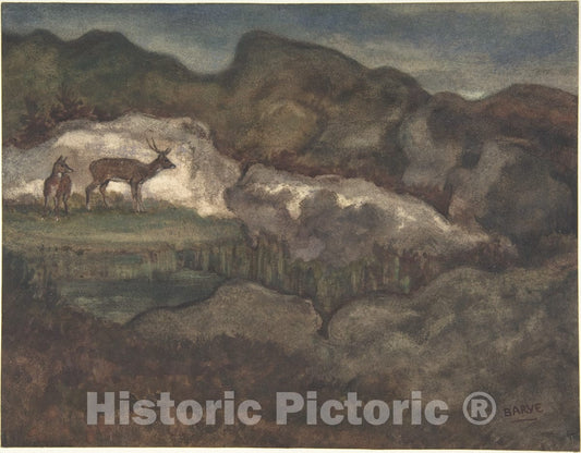 Art Print : Antoine-Louis Barye - Izards in The Glaciers (Pyrenean Chamois) : Vintage Wall Art