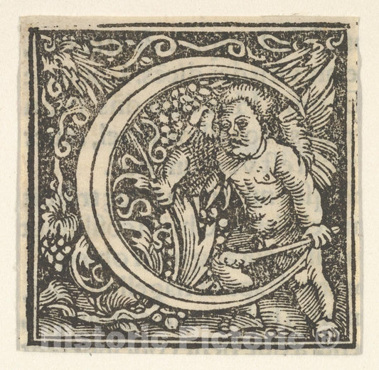 Art Print : Heinrich Vogtherr The Elder - Initial Letter C with putto : Vintage Wall Art