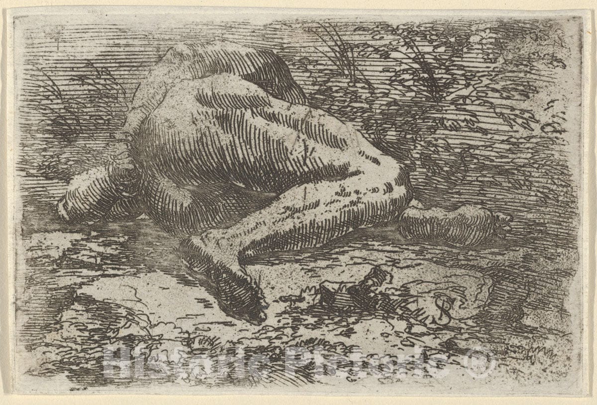 Art Print : Salvator Rosa - Male Nude Lying on his Side with his Right arm Behind his Back : Vintage Wall Art