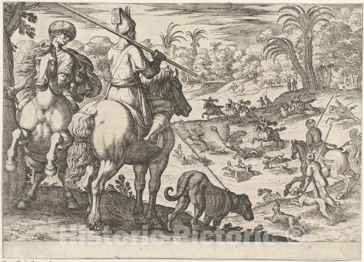 Art Print : Antonio Tempesta - Ostrich Hunt, from 'Hunting Scenes VI' : Vintage Wall Art