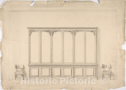 Art Print : British, 19th Century - Design for a Very Large Cabinet with Turned Elements, and Two Chairs : Vintage Wall Art