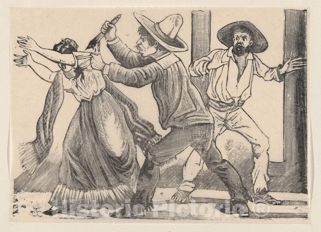 Art Print : A Man Grabbing a Woman by her Sleeve and stabbing her - Artist: Jose Guadalupe Posada - Created: 1891 : Vintage Wall Art
