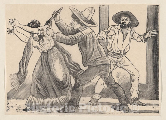 Art Print : A Man Grabbing a Woman by her Sleeve and stabbing her - Artist: Jose Guadalupe Posada - Created: 1891 : Vintage Wall Art