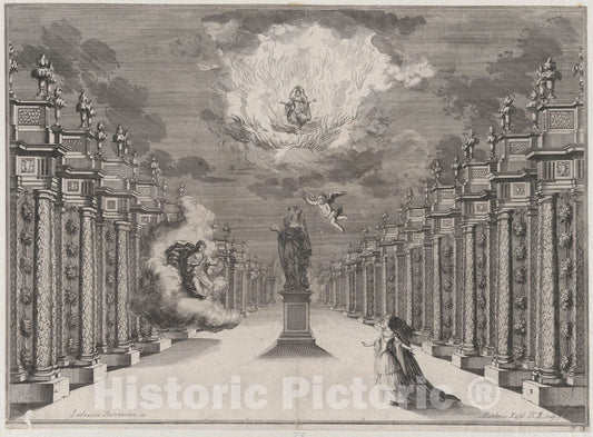 Art Print : A Woman Standing on The Right Side of a Road Lined with Columns - Artist: Ludovico Ottaviano Burnacini - Created: 1674 : Vintage Wall Art