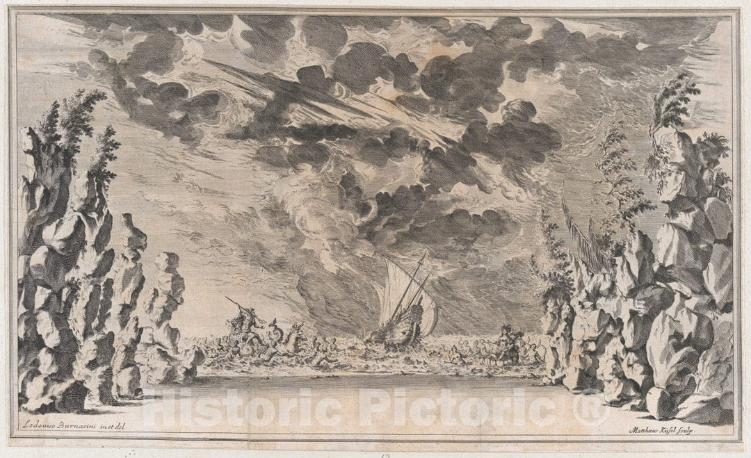 Art Print : A Shore Framed by Rocks - Artist: Ludovico Ottaviano Burnacini - Created: 1668 : Vintage Wall Art