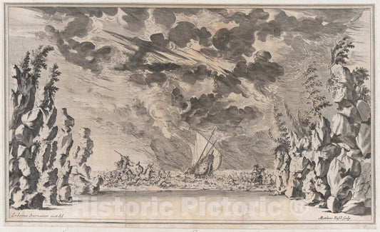 Art Print : A Shore Framed by Rocks - Artist: Ludovico Ottaviano Burnacini - Created: 1668 : Vintage Wall Art