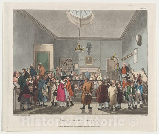 Art Print : Designed and Etched by Thomas Rowlandson - Bow Street Office (Microcosm of London, Plate 11) 2 : Vintage Wall Art