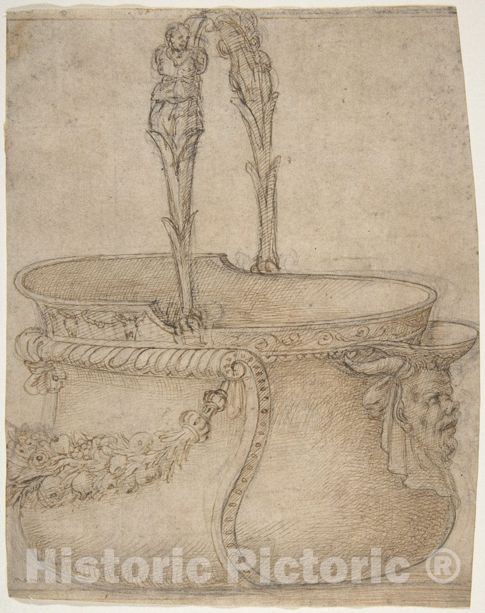Art Print : Design for a Bucket-Like Vessel with a Handle of Two Interlaced Captives - Artist: Girolamo Genga - Created: 1540–50 : Vintage Wall Art