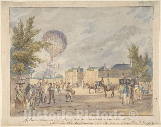 Art Print : After Robert Bremmel Schnebbelie - Balloon Ascending Near The Entrance to Lord's Cricket Ground, 1839 : Vintage Wall Art