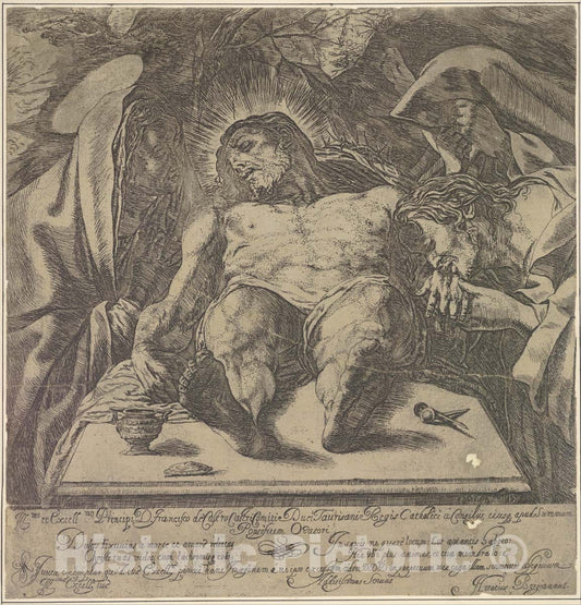 Art Print : Orazio Borgianni - Lamentation Over The Body of Christ by The Three Marys, a jar of Ointment on The Table to Left and Two Nails to Right : Vintage Wall Art