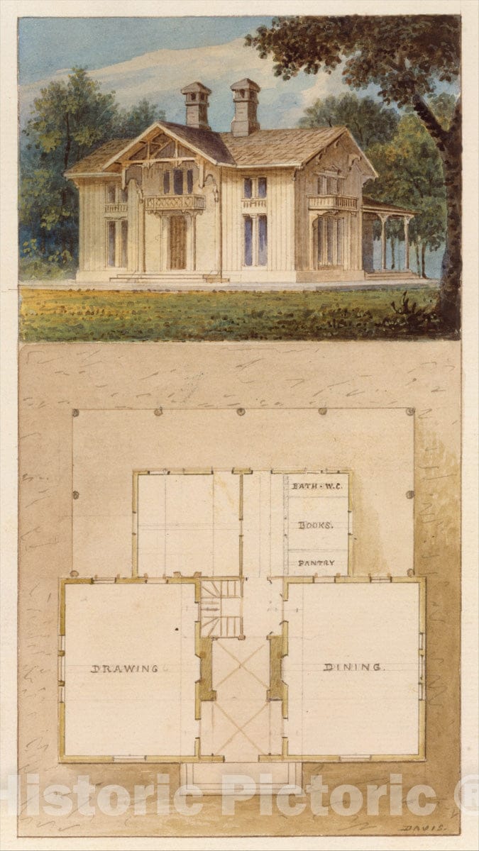 Art Print : Alexander Jackson Davis - Design for a Cottage-Villa in The Bracketted Mode, Constructed in Wood (Perspective and Plan) : Vintage Wall Art
