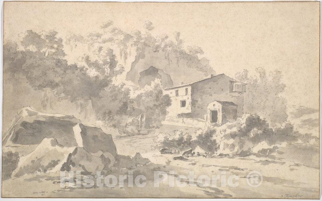Art Print : Adam Pynacker - A House on a Hillside in a Southern Landscape : Vintage Wall Art