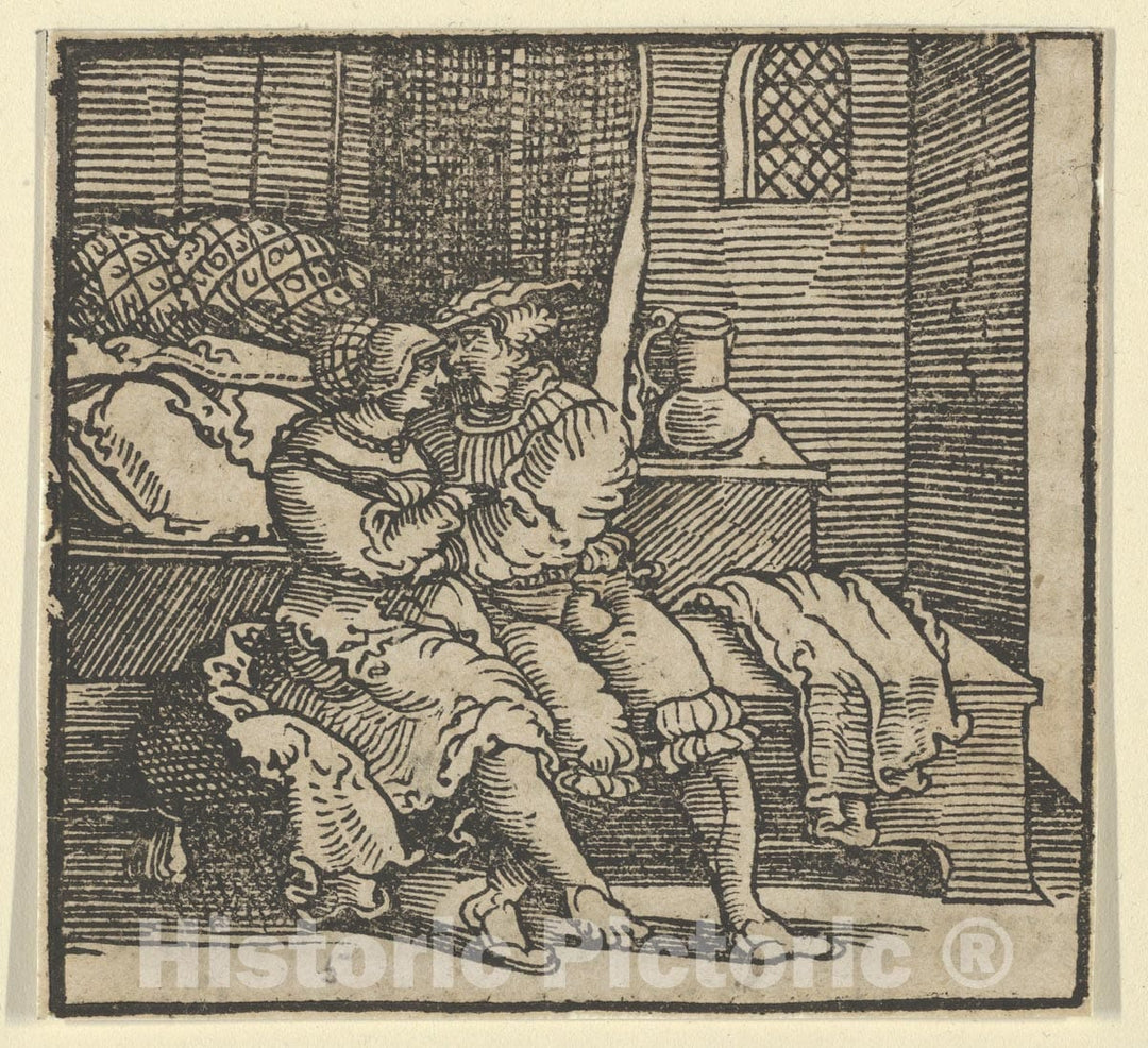 Art Print : Hans Schäufelein - Spinneloccio Locked up in a Chest, on which his Wife and Zeppa are Seated, from The Decameron : Vintage Wall Art
