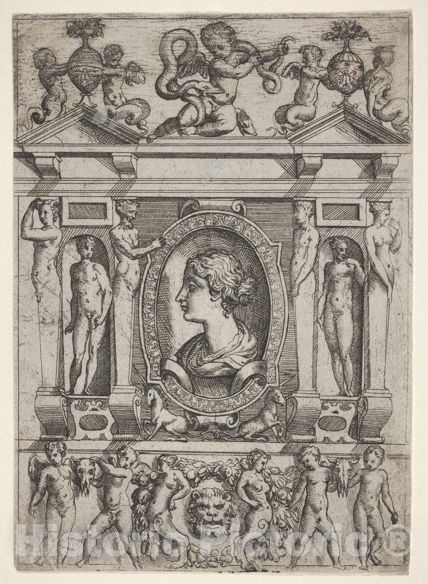 Art Print : Battista Angolo del Moro - Bust of a Woman in Profile Facing Left, Set in an Elaborate Frame with Figures in niches at Left and Right : Vintage Wall Art