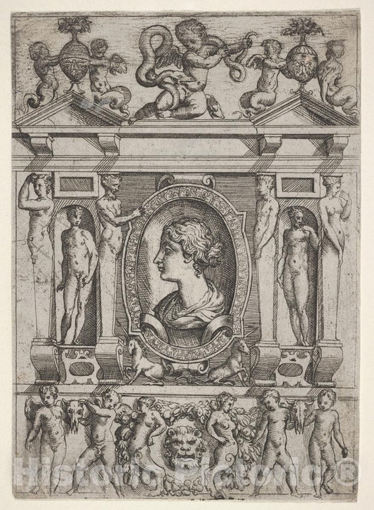 Art Print : Battista Angolo del Moro - Bust of a Woman in Profile Facing Left, Set in an Elaborate Frame with Figures in niches at Left and Right : Vintage Wall Art