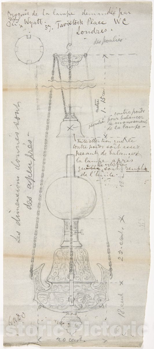 Art Print : British, 19th Century - Design for a Hanging Lamp : Vintage Wall Art