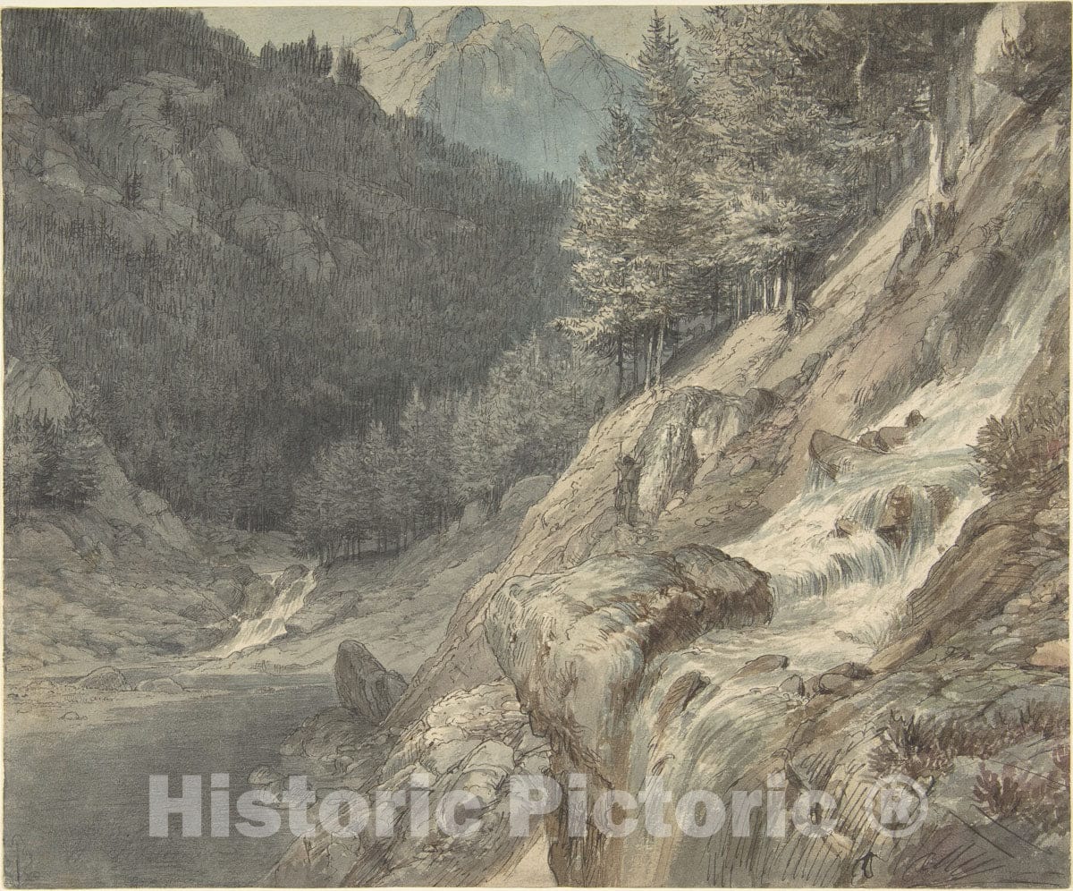 Art Print : Johann Wilhelm Schirmer - Mountainous Landscape with a River : Vintage Wall Art