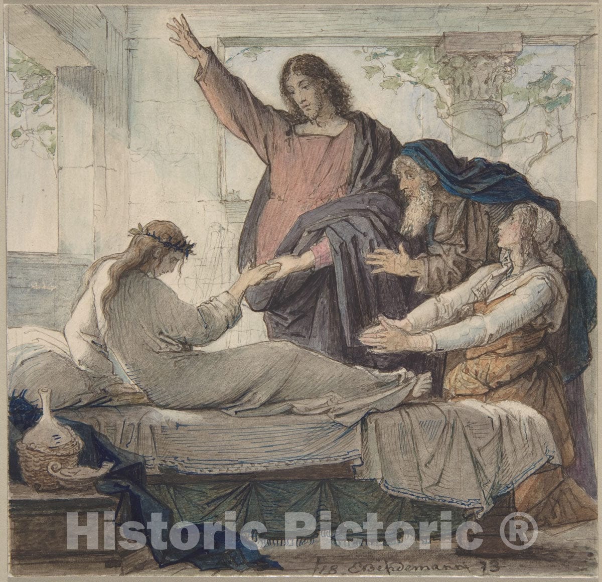 Art Print : Eduard Julius Friedrich Bendemann - The Raising of The Daughter of Jairus : Vintage Wall Art
