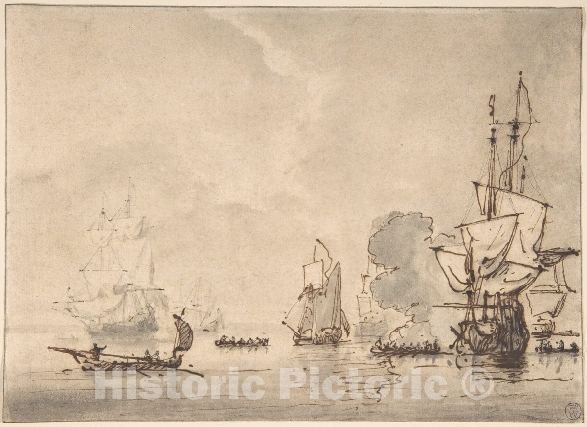 Art Print : Willem Van de Velde I - A Frigate at Anchor, Saluting a Nearby Yacht : Vintage Wall Art