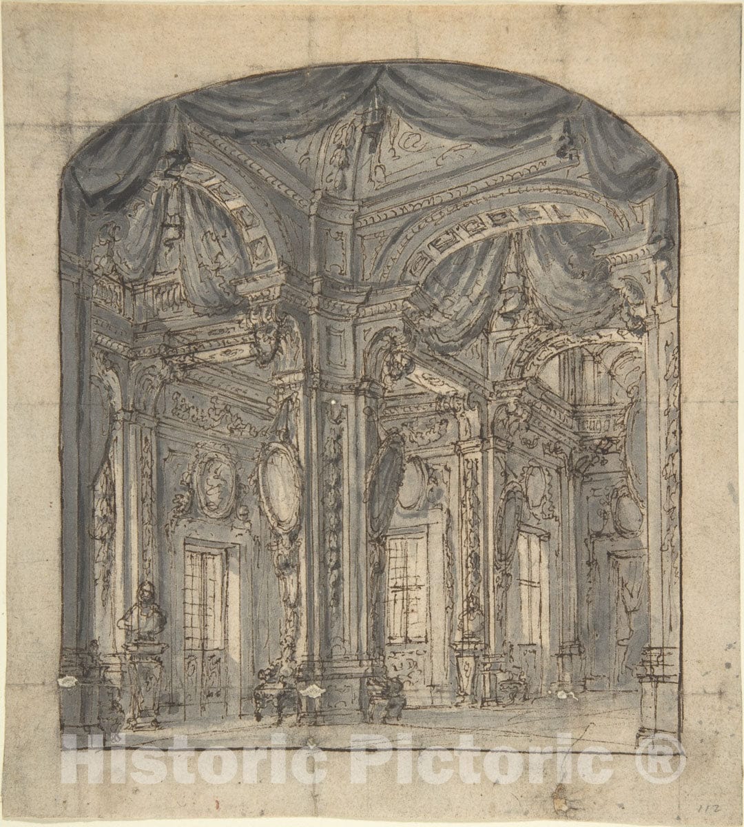 Art Print : Italian, Piedmontese, 18th Century - Stage Set of a Room Interior with Receding Perspective : Vintage Wall Art