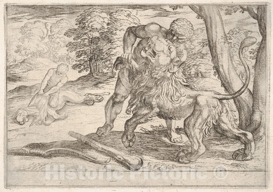 Art Print : Hercules and The Nemean Lion - Artist: Antonio Tempesta - Created: 1608 : Vintage Wall Art