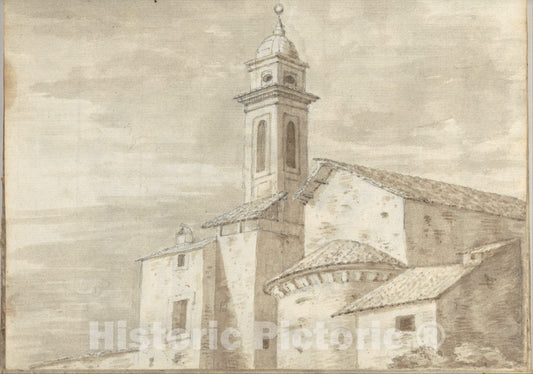 Art Print : Joseph Wright (Wright of Derby) - Church with a Tiled Roof and Tower (Smaller Italian Sketchbook, Leaf 36 Recto) : Vintage Wall Art
