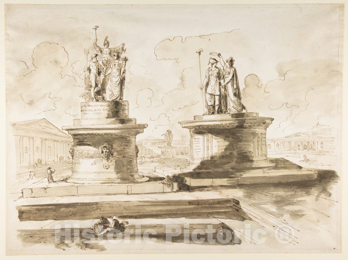 Art Print : Felice Giani - Two Sculptures on pedestals : Vintage Wall Art
