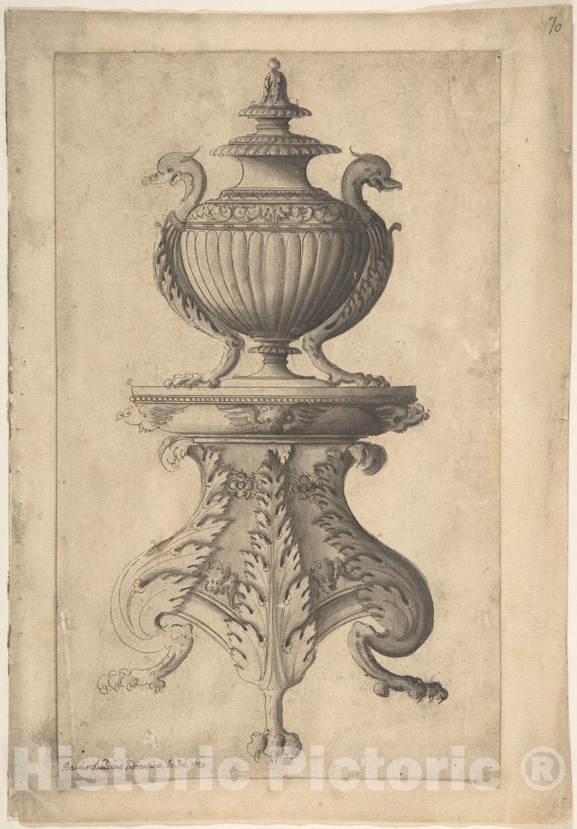 Art Print : Jacques Androuet Du Cerceau - Covered Vase on a Three-Footed Pedestal : Vintage Wall Art