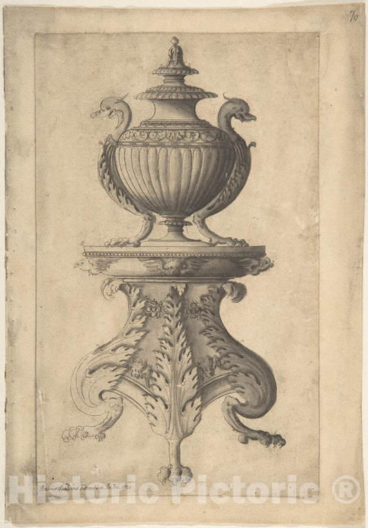 Art Print : Jacques Androuet Du Cerceau - Covered Vase on a Three-Footed Pedestal : Vintage Wall Art