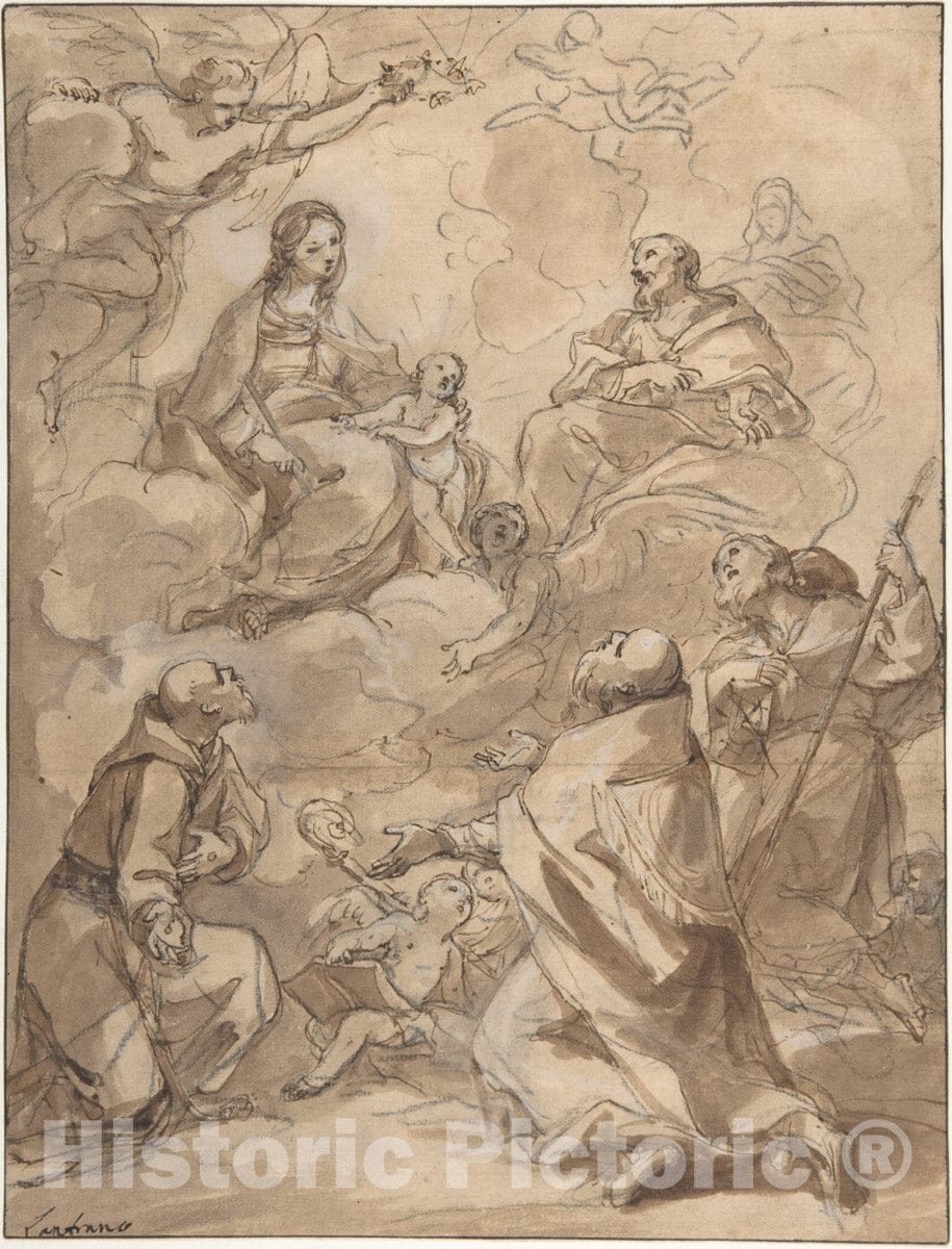 Art Print : Charles Joseph Natoire - The Holy Family Appearing to St. Francis, St. Augustine, and St. Roch : Vintage Wall Art