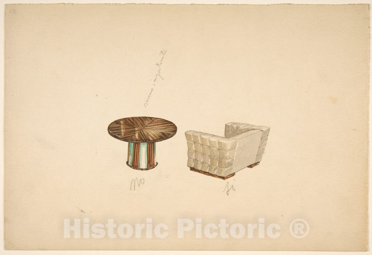Art Print : Guglielmo Ulrich - Tavolino tavolo e paltrona Perspective of Lounge Chair with Quilted Back and a Pedestal Table : Vintage Wall Art